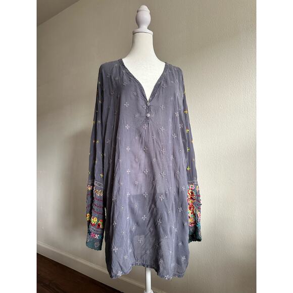 Johnny Was Tops - Johnny Was Embroidered Blouse Tunic Top Blue Floral Cupra Rayon Size L